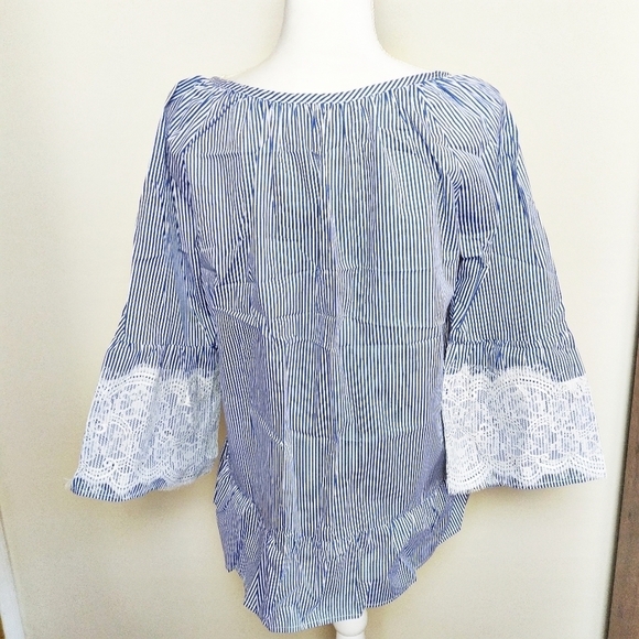 Absolutely Famous Striped Lace Detail Peasant Blouse - Picture 3 of 9